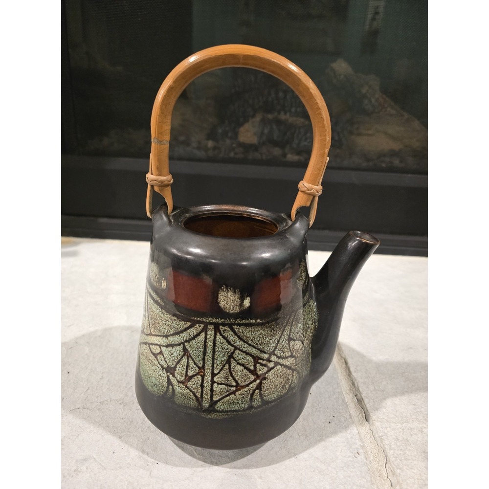Vintage Studio Pottery Teapot Ceramic Bamboo Handle Mid Century Japanese‎ Style